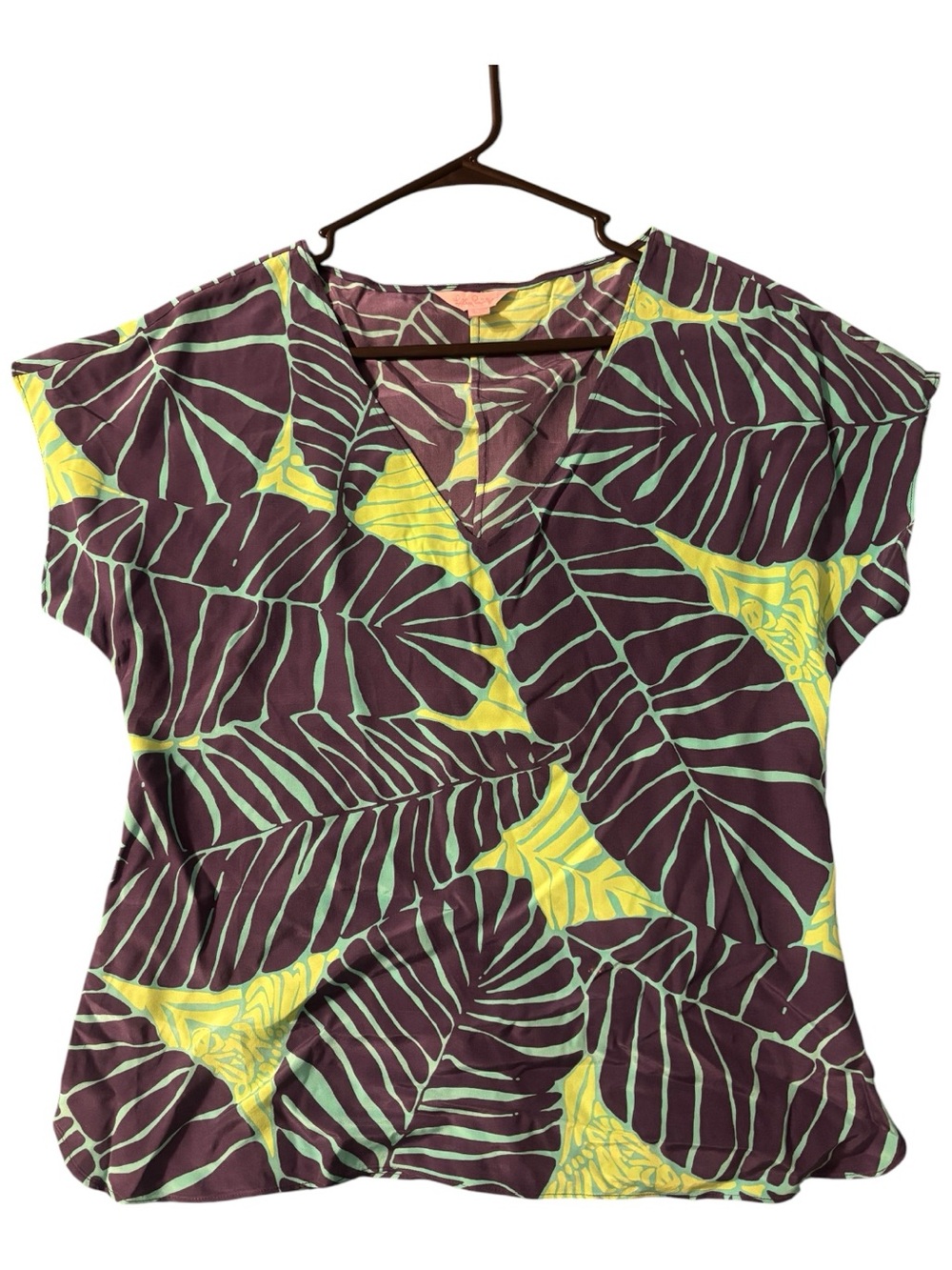Lilly Pulitzer Purple, Green & Yellow Leaf-Print V-Neck Blouse